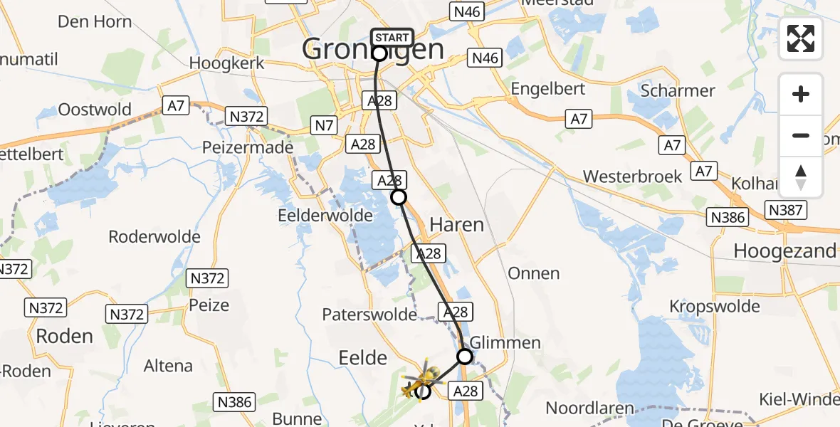 Vluchtroute Traumahelikopter Universitair Medisch Centrum Groningen - Groningen Airport Eelde, 26 oktober 2026, 15:40