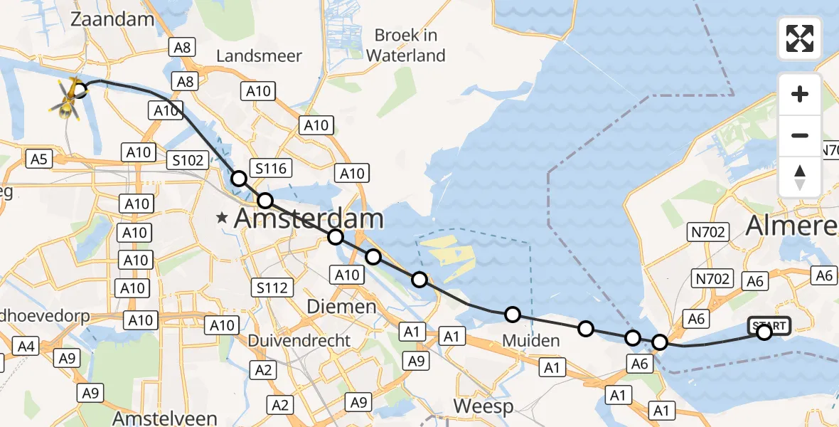 Vluchtroute Traumahelikopter Almere - Amsterdam Heliport, 26 oktober 2026, 18:00