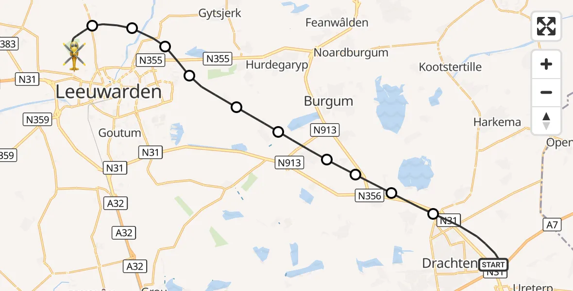 Vluchtroute Ambulancehelikopter Drachten - Vliegbasis Leeuwarden, 26 oktober 2026, 19:30