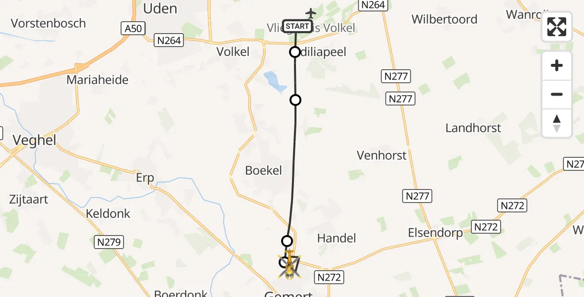Vluchtroute Traumahelikopter Vliegbasis Volkel - Gemert, 27 oktober 2026, 07:51