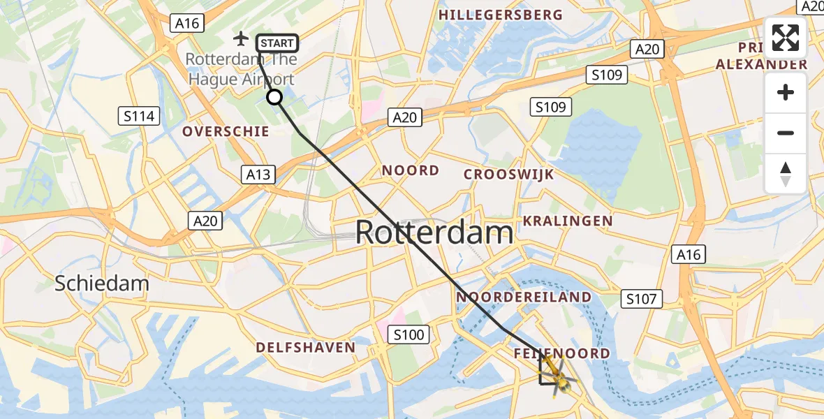 Vluchtroute Traumahelikopter Rotterdam The Hague Airport - Rotterdam, 27 oktober 2026, 07:57