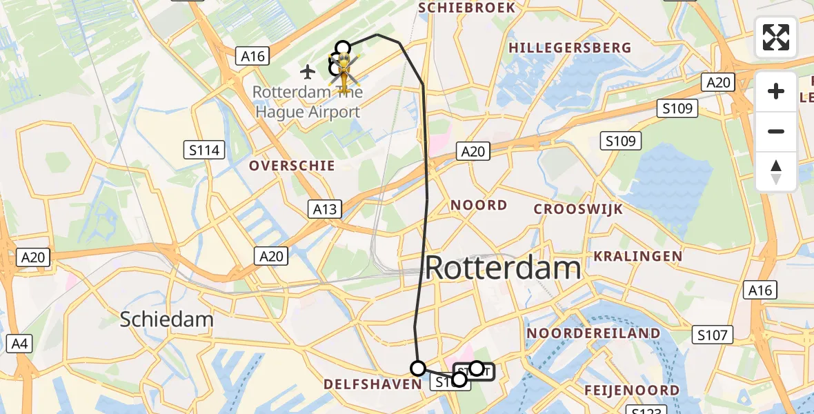 Vluchtroute Traumahelikopter Erasmus MC - Rotterdam The Hague Airport, 27 oktober 2026, 08:28