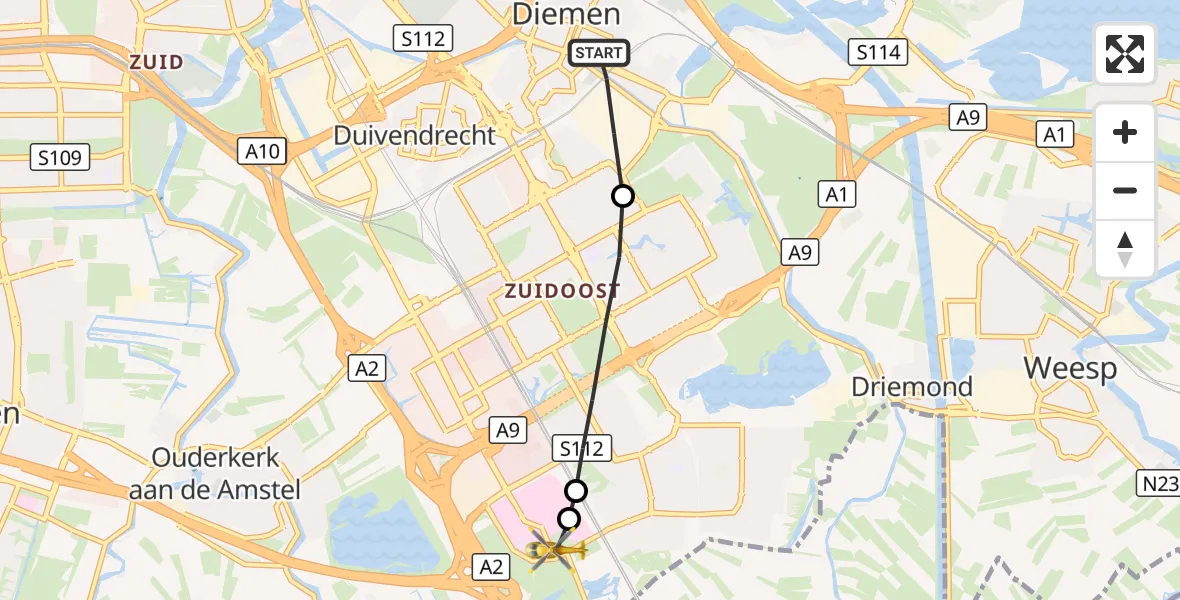 Vluchtroute Traumahelikopter Diemen - Amsterdam UMC Helipad, 27 oktober 2026, 08:51