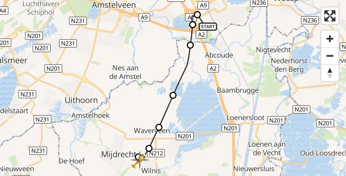 Vluchtroute Traumahelikopter Amsterdam UMC Helipad - Mijdrecht, 27 oktober 2026, 09:19