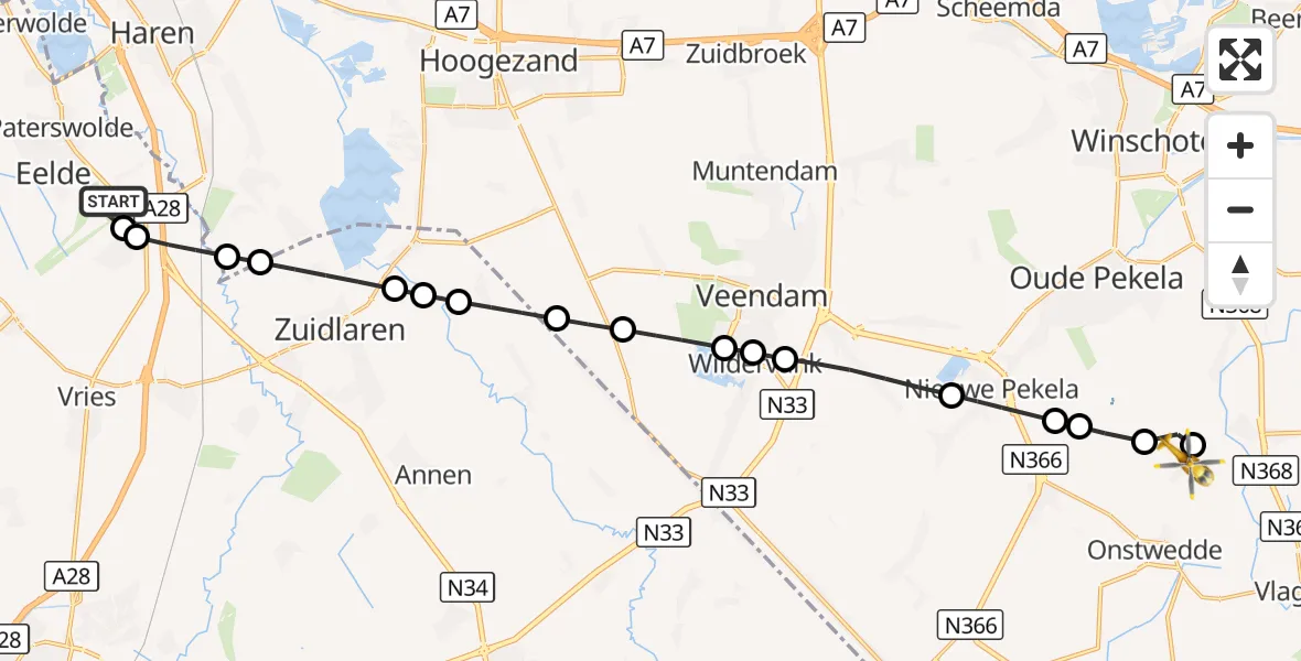 Vluchtroute Traumahelikopter Groningen Airport Eelde - Onstwedde, 27 oktober 2026, 09:36