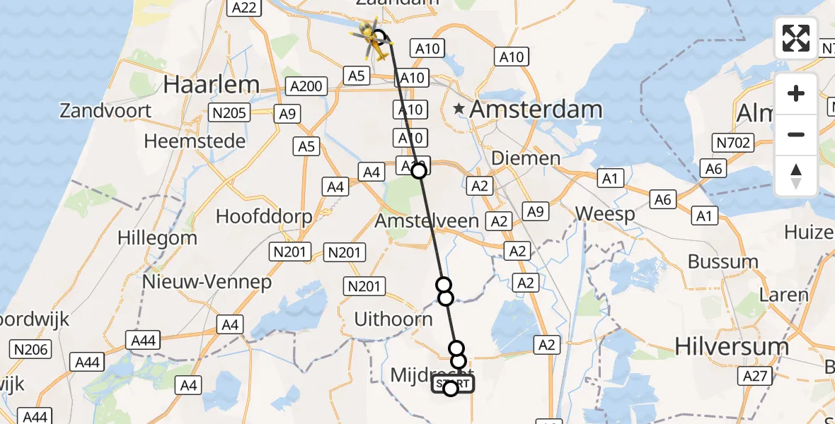 Vluchtroute Traumahelikopter Mijdrecht - Amsterdam Heliport, 27 oktober 2026, 10:02