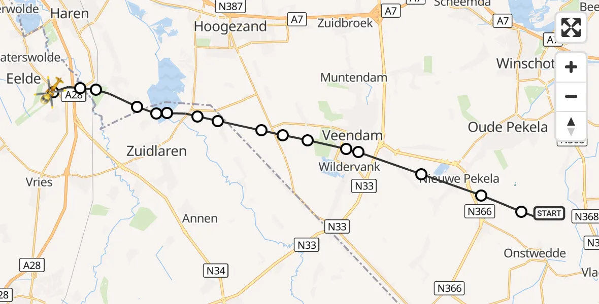 Vluchtroute Traumahelikopter Onstwedde - Groningen Airport Eelde, 27 oktober 2026, 10:14