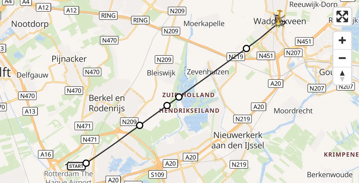 Vluchtroute Traumahelikopter Rotterdam The Hague Airport - Waddinxveen, 27 oktober 2026, 10:52