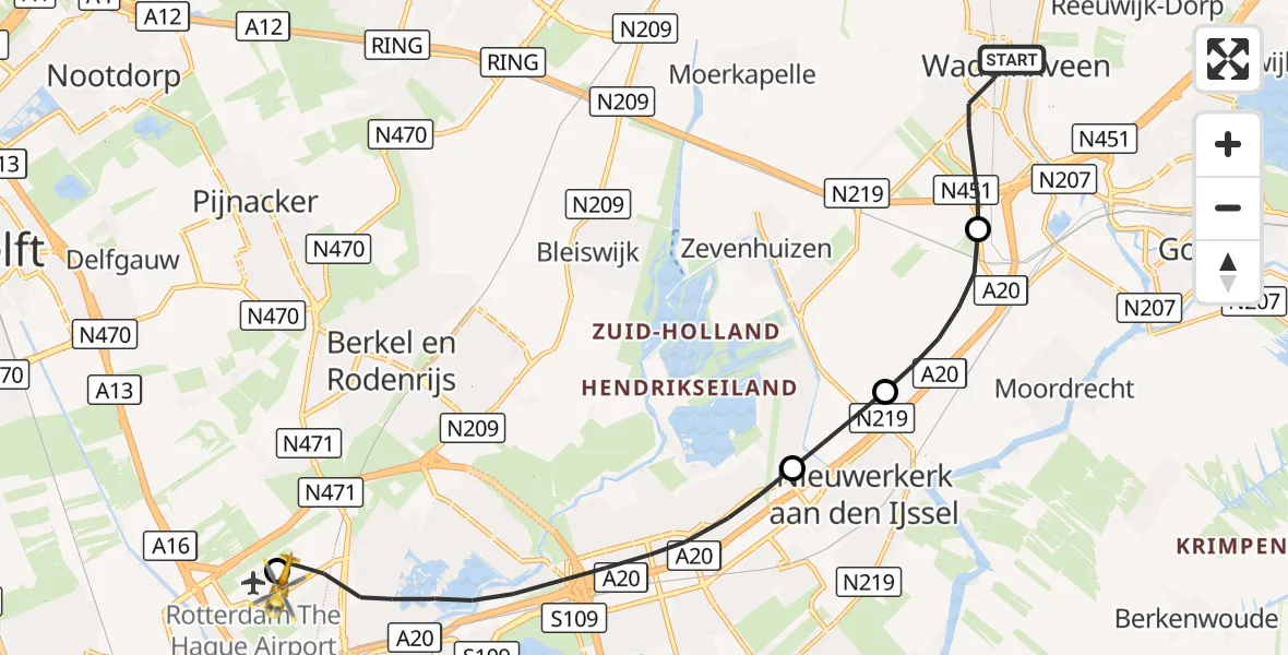 Vluchtroute Traumahelikopter Waddinxveen - Rotterdam The Hague Airport, 27 oktober 2026, 11:32