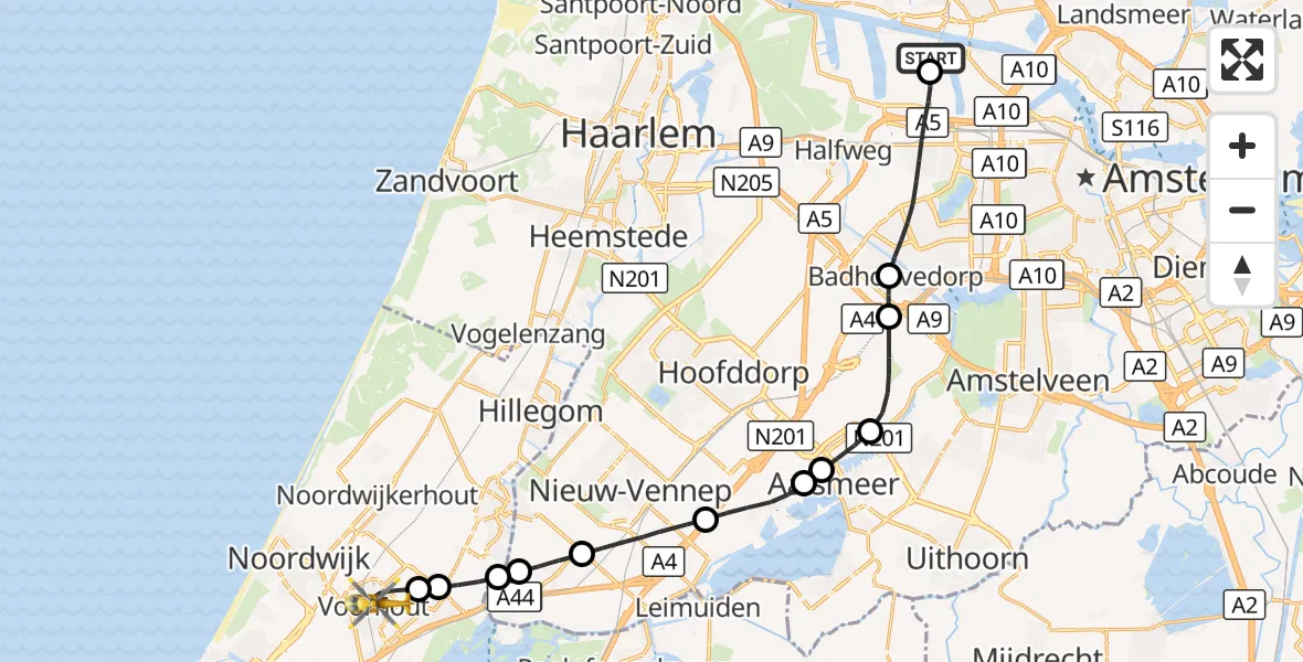 Vluchtroute Traumahelikopter Amsterdam Heliport - Voorhout, 27 oktober 2026, 12:29