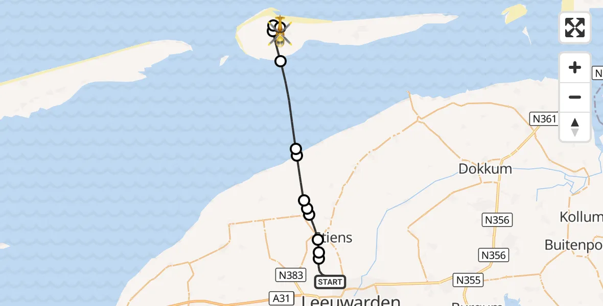 Vluchtroute Ambulancehelikopter Vliegbasis Leeuwarden - Ameland Vliegveld Ballum, 27 oktober 2026, 12:57