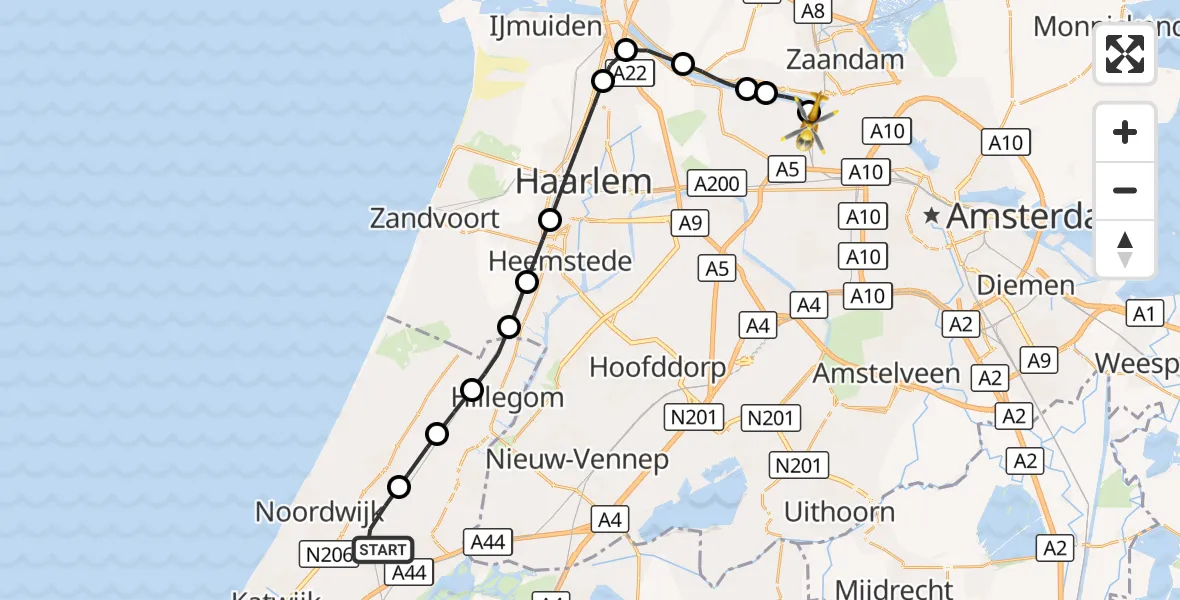 Vluchtroute Traumahelikopter Voorhout - Amsterdam Heliport, 27 oktober 2026, 12:59