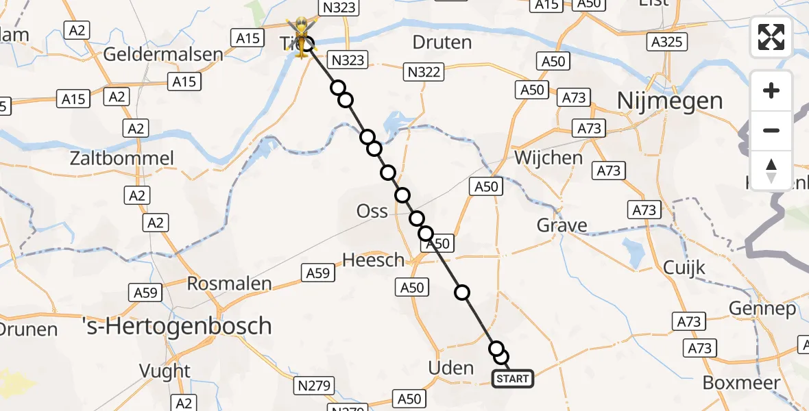 Vluchtroute Traumahelikopter Vliegbasis Volkel - Tiel, 27 oktober 2026, 14:55