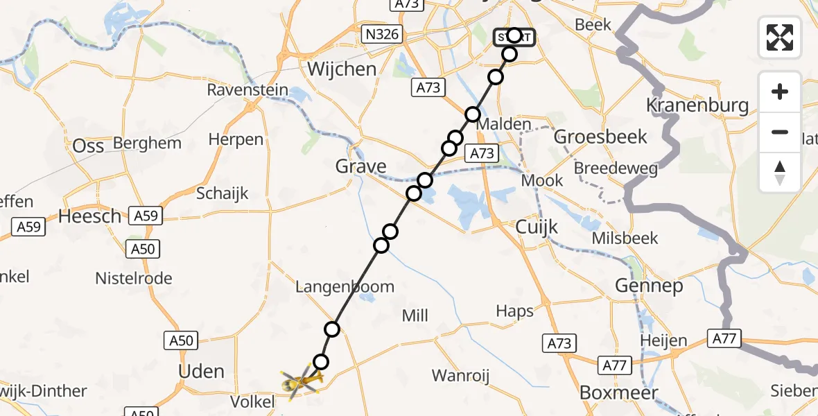 Vluchtroute Traumahelikopter Radboud Universitair Medisch Centrum - Vliegbasis Volkel, 27 oktober 2026, 16:07