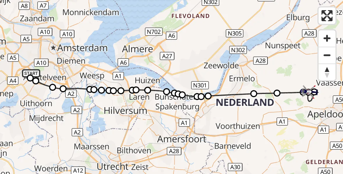 Vluchtroute Politiehelikopter Amsterdam Vliegveld Schiphol - Vaassen, 27 oktober 2026, 17:15