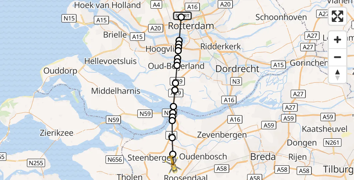 Vluchtroute Traumahelikopter Rotterdam The Hague Airport - Kruisland, 27 oktober 2026, 17:24
