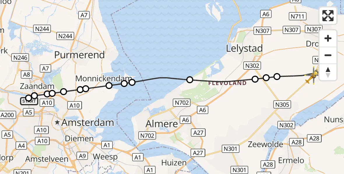 Vluchtroute Traumahelikopter Amsterdam Heliport - Biddinghuizen, 27 oktober 2026, 17:51