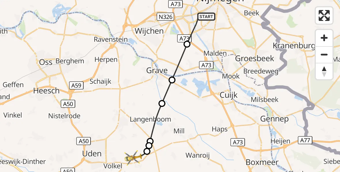 Vluchtroute Traumahelikopter Nijmegen - Vliegbasis Volkel, 27 oktober 2026, 18:07