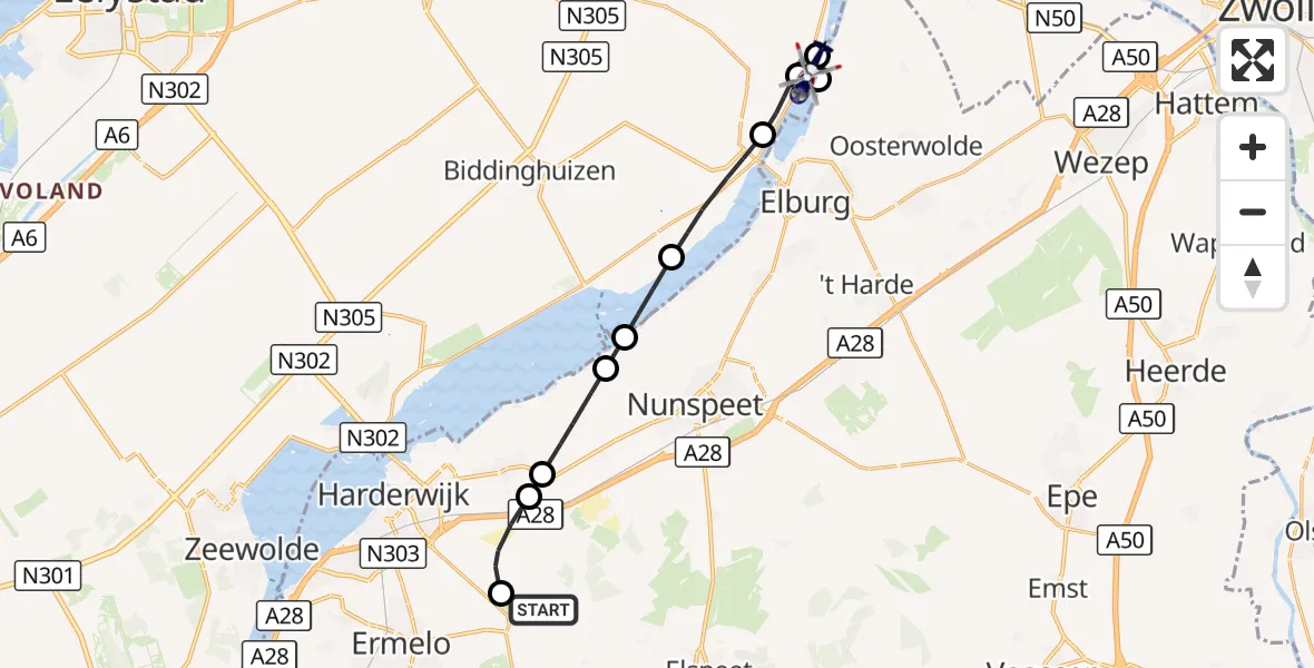 Vluchtroute Politiehelikopter Ermelo - Drontermeer, 27 oktober 2026, 18:20