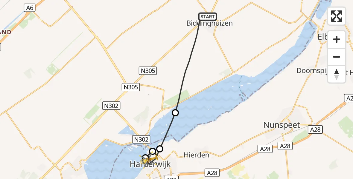 Vluchtroute Traumahelikopter Biddinghuizen - Harderwijk, 27 oktober 2026, 18:31