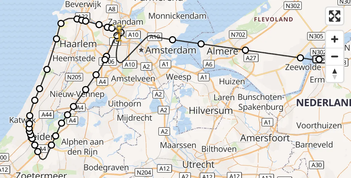 Vluchtroute Traumahelikopter Harderwijk - Amsterdam Heliport, 27 oktober 2026, 19:01