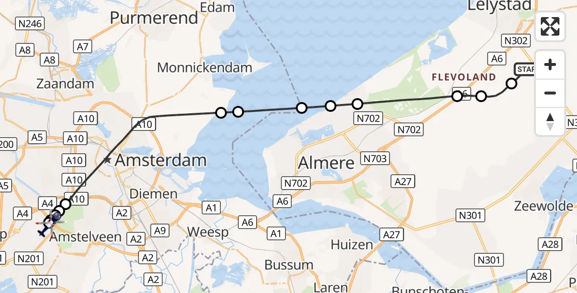 Vluchtroute Politiehelikopter Lelystad Airport - Amsterdam Vliegveld Schiphol, 27 oktober 2026, 19:19