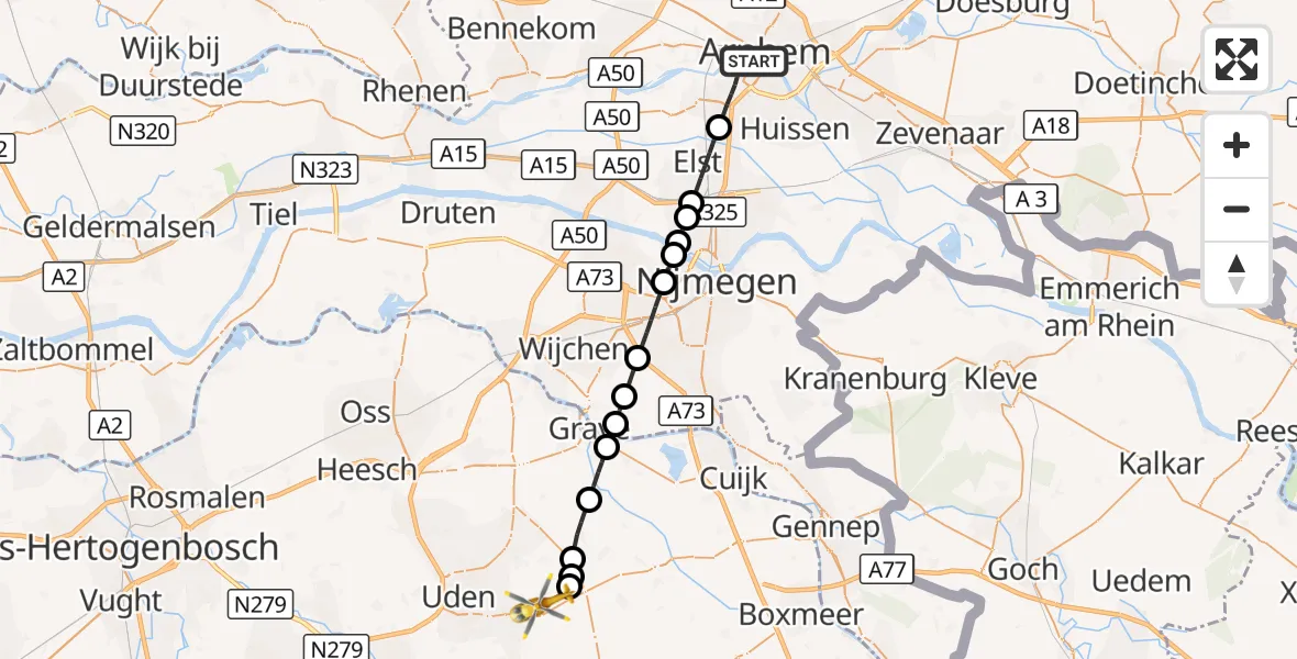 Vluchtroute Traumahelikopter Arnhem - Vliegbasis Volkel, 27 oktober 2026, 22:06