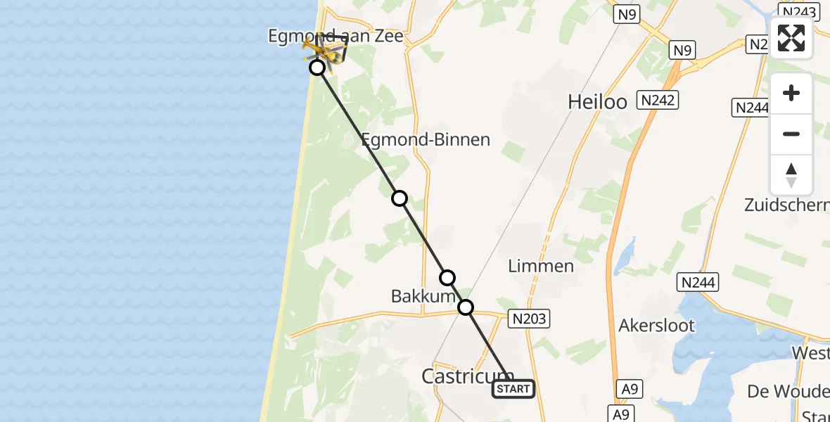 Vluchtroute Traumahelikopter Castricum - Egmond aan Zee, 27 oktober 2026, 22:52