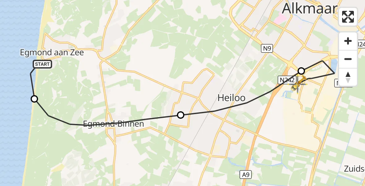 Vluchtroute Traumahelikopter Egmond aan Zee - Alkmaar, 27 oktober 2026, 23:30
