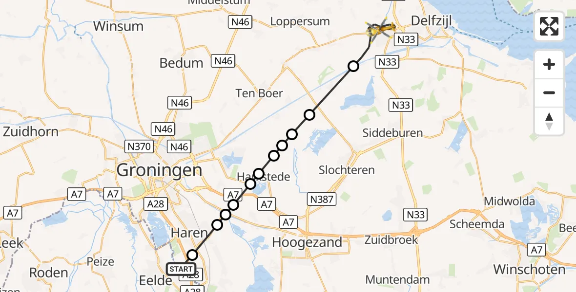 Vluchtroute Traumahelikopter Eelde - Appingedam, 28 oktober 2026, 10:48