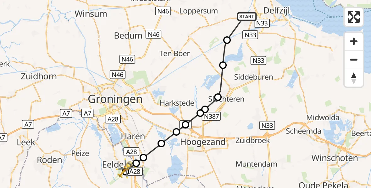 Vluchtroute Traumahelikopter Appingedam - Groningen Airport Eelde, 28 oktober 2026, 11:18