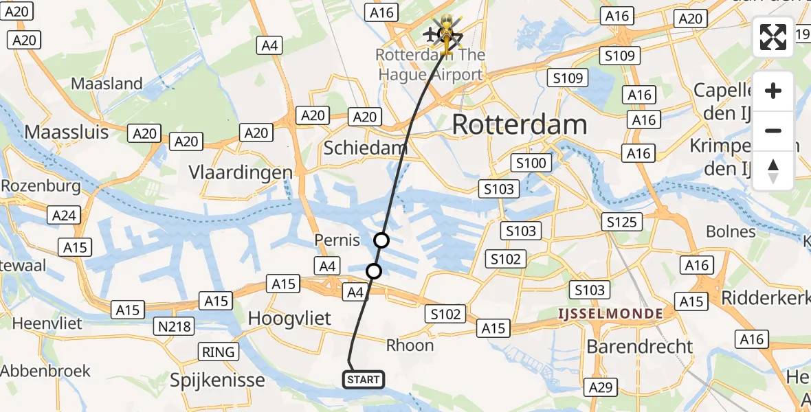 Vluchtroute Traumahelikopter Poortugaal - Rotterdam The Hague Airport, 28 oktober 2026, 12:44
