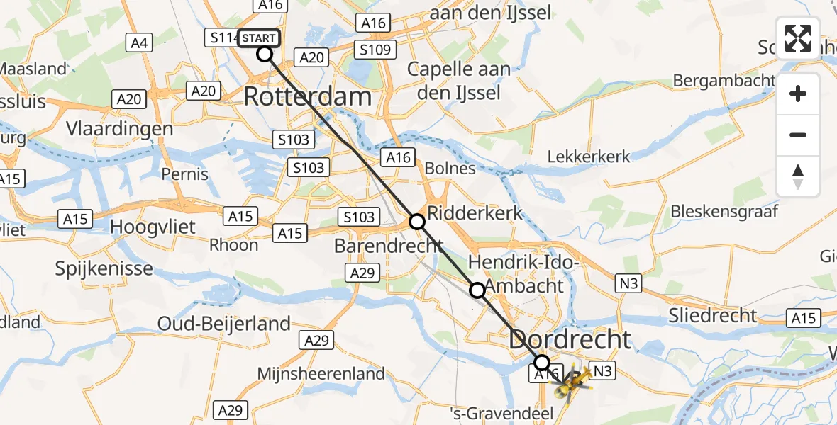 Vluchtroute Traumahelikopter Rotterdam The Hague Airport - Dordrecht, 28 oktober 2026, 13:32
