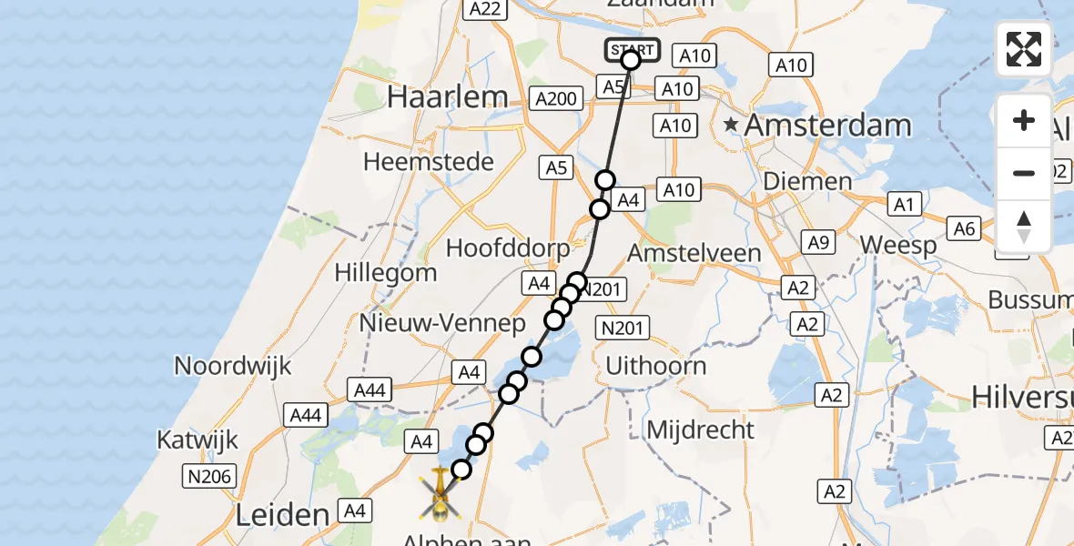 Vluchtroute Traumahelikopter Amsterdam Heliport - Woubrugge, 28 oktober 2026, 14:16