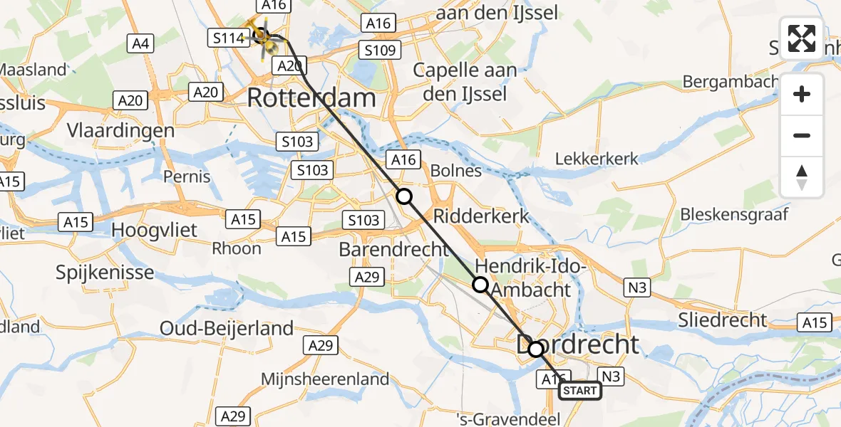 Vluchtroute Traumahelikopter Dordrecht - Rotterdam The Hague Airport, 28 oktober 2026, 14:27