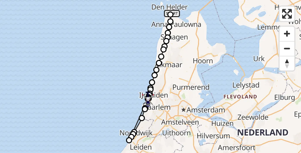 Vluchtroute Politiehelikopter Militair vliegveld De Kooy / Den Helder Airport - Overveen, 28 oktober 2026, 15:10