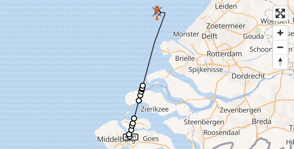 Vluchtroute Kustwachthelikopter Vliegveld Midden-Zeeland - P18-A Heliport, 28 oktober 2026, 17:37