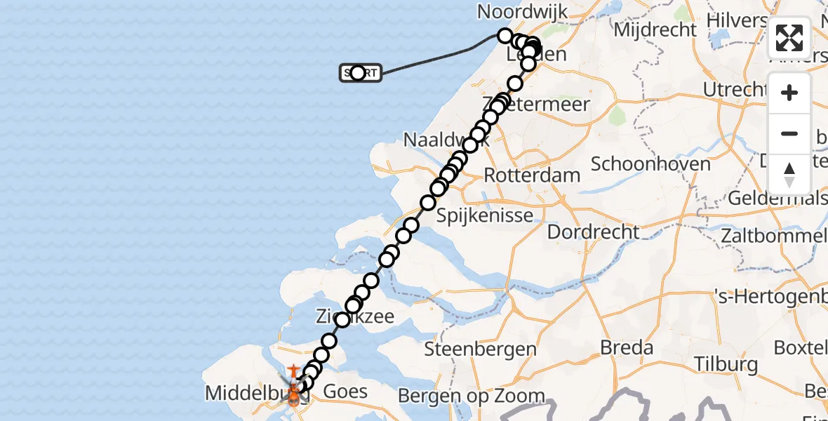 Vluchtroute Kustwachthelikopter P18-A Heliport - Vliegveld Midden-Zeeland, 28 oktober 2026, 18:05