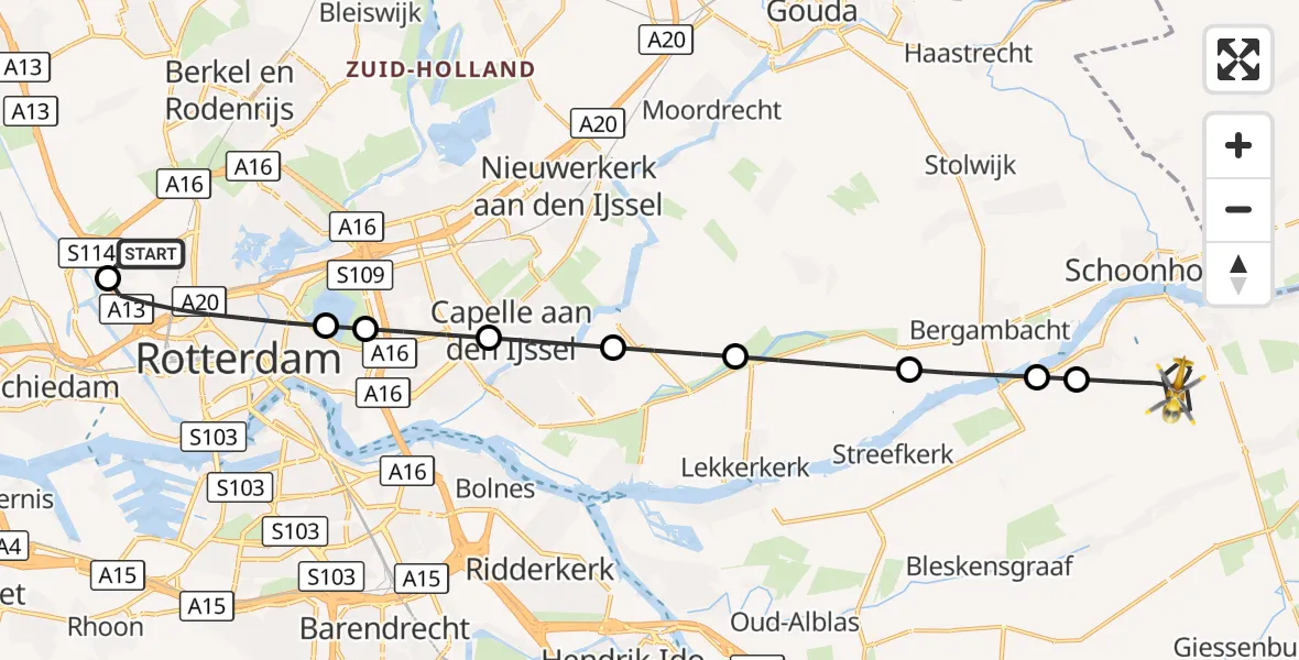 Vluchtroute Traumahelikopter Rotterdam The Hague Airport - Groot-Ammers, 28 oktober 2026, 18:16