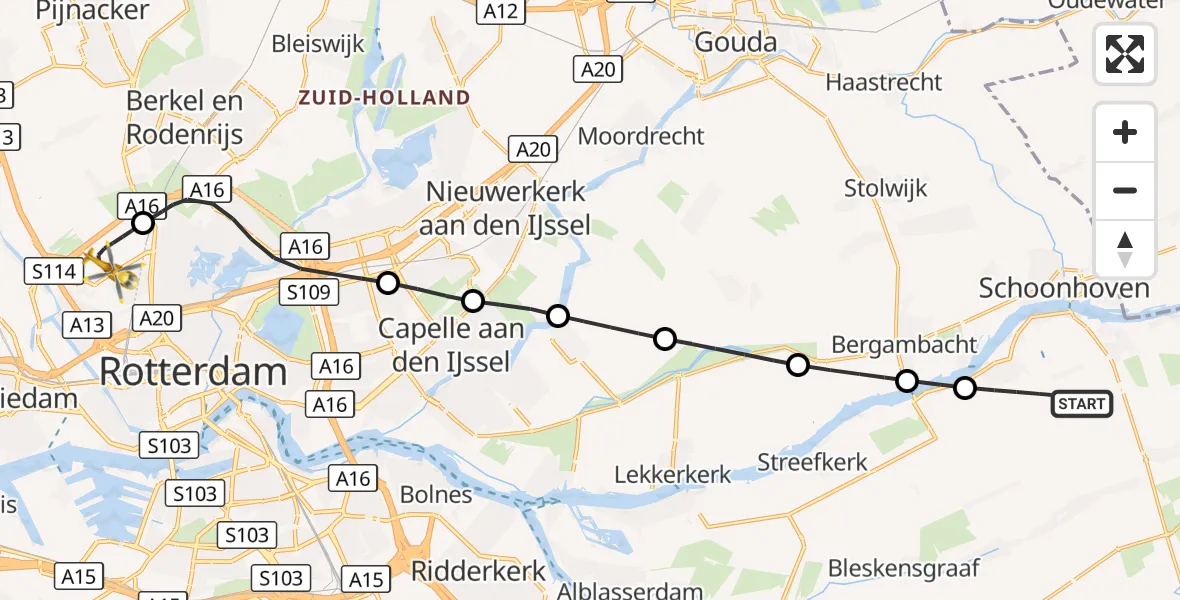 Vluchtroute Traumahelikopter Groot-Ammers - Rotterdam The Hague Airport, 28 oktober 2026, 18:59