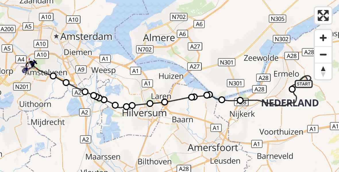 Vluchtroute Politiehelikopter Ermelo - Amsterdam Vliegveld Schiphol, 28 oktober 2026, 19:06
