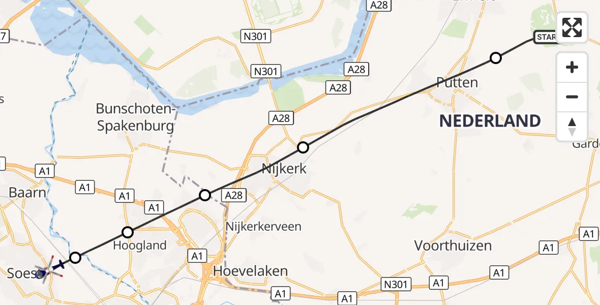 Vluchtroute Politiehelikopter Ermelo - Soest, 28 oktober 2026, 19:26