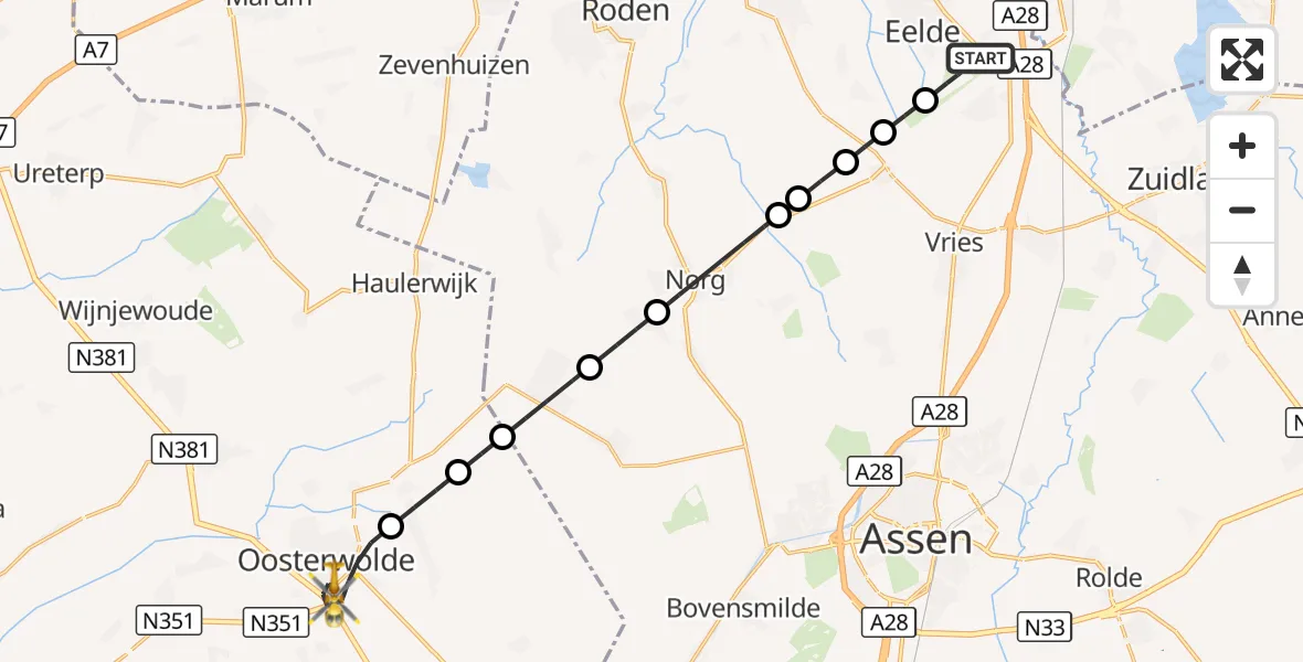 Vluchtroute Traumahelikopter Groningen Airport Eelde - Oosterwolde, 28 oktober 2026, 19:38