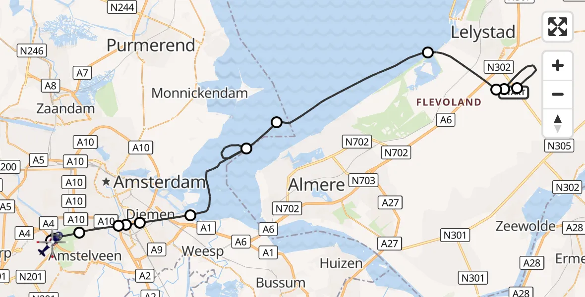 Vluchtroute Politiehelikopter Lelystad Airport - Amsterdam Vliegveld Schiphol, 28 oktober 2026, 19:49