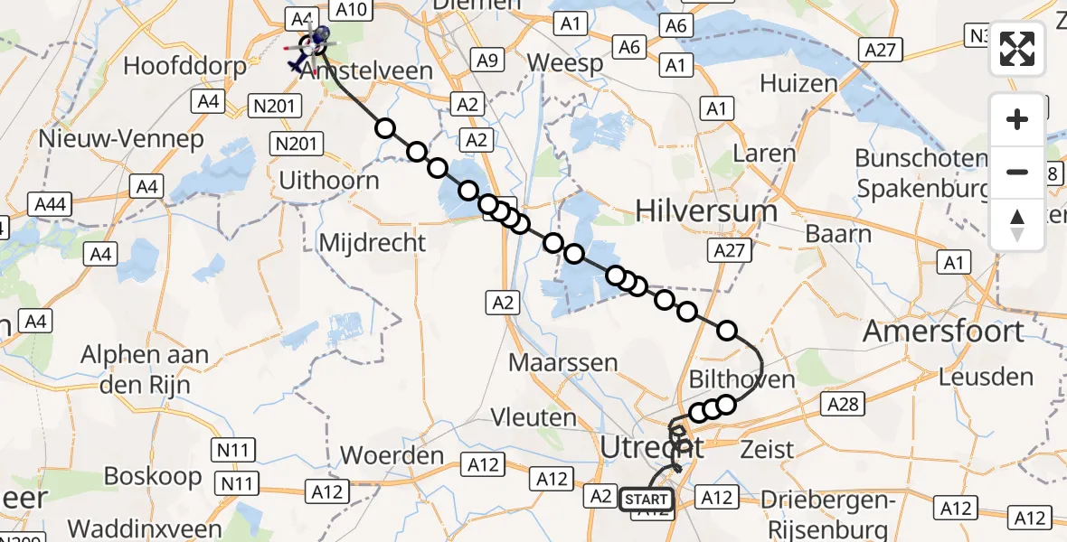 Vluchtroute Politiehelikopter Utrecht - Amsterdam Vliegveld Schiphol, 28 oktober 2026, 19:50