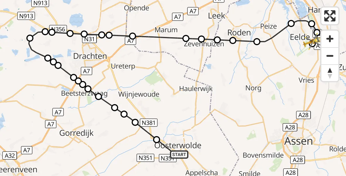 Vluchtroute Traumahelikopter Oosterwolde - Groningen Airport Eelde, 28 oktober 2026, 19:59