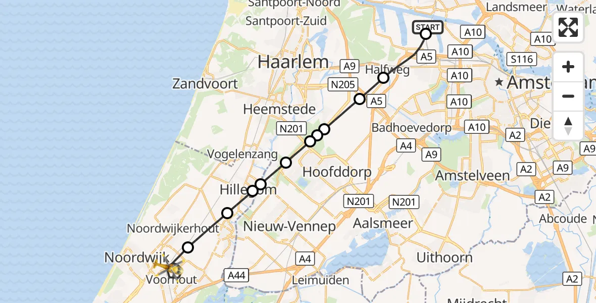 Vluchtroute Traumahelikopter Amsterdam Heliport - Voorhout, 28 oktober 2026, 22:11