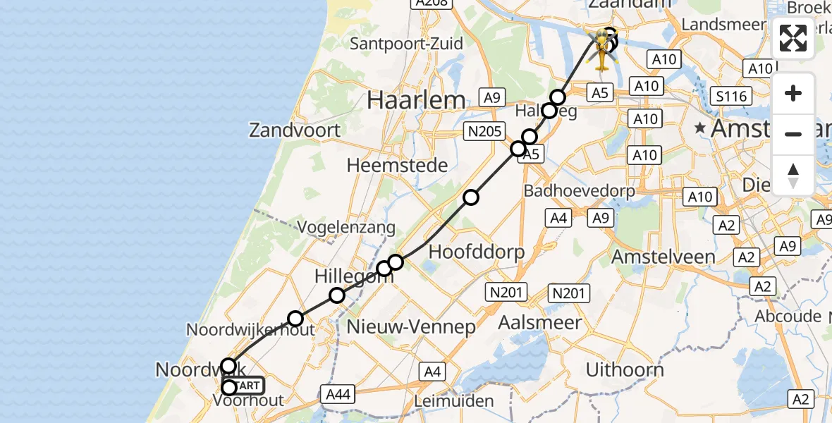 Vluchtroute Traumahelikopter Voorhout - Amsterdam Heliport, 28 oktober 2026, 22:40
