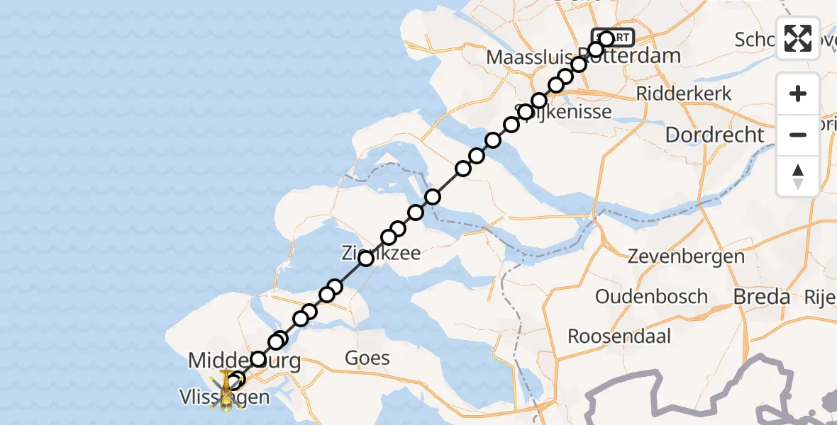 Vluchtroute Traumahelikopter Rotterdam The Hague Airport - Vlissingen, 28 oktober 2026, 22:54