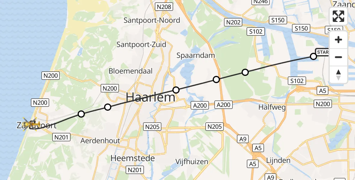 Vluchtroute Traumahelikopter Amsterdam Heliport - Zandvoort, 28 oktober 2026, 23:31